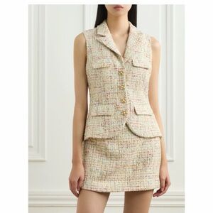Self-Portrait Tweed Mini Dress in Cream and Pink